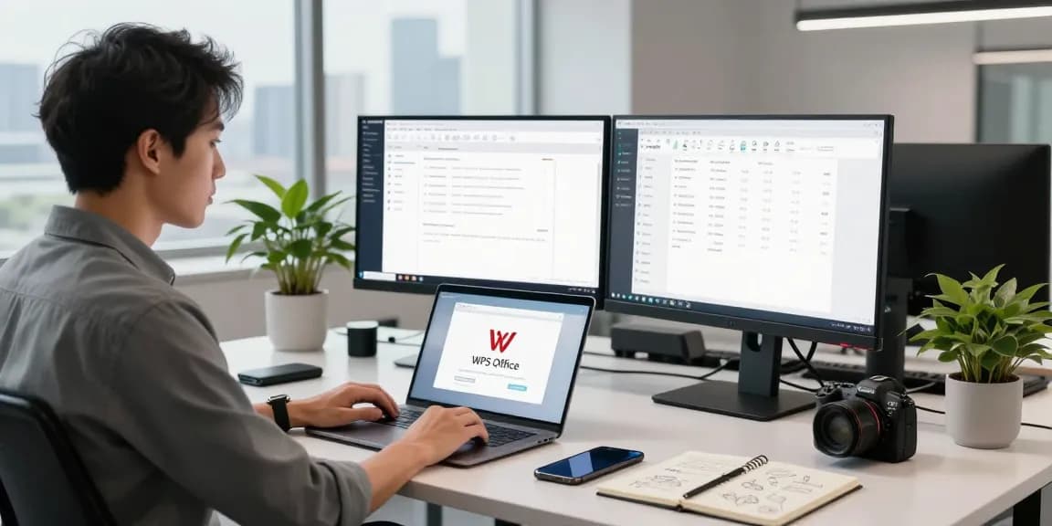 Download WPS Office at a modern workspace with dual monitors and productivity tools