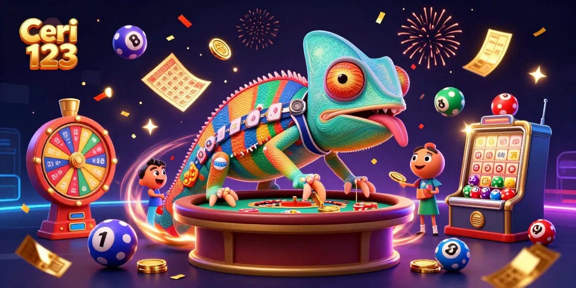 Engage with Ceri 123 in this vibrant casino scene showcasing a colorful chameleon and exciting gambling elements.