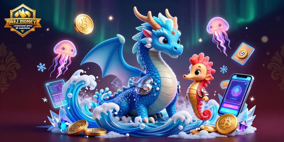 Play real money online baccarat game at casinous with vibrant dragon and seahorse in a 3D scene.