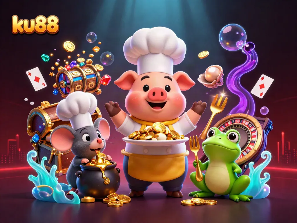 Join the excitement with ku88, where the chef pig serves golden treasure in a vibrant casino scene.