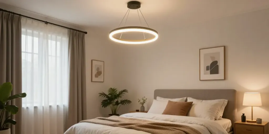 „Lustra dormitor elegantă de la un furnizor local, aducând modernitate și confort.”