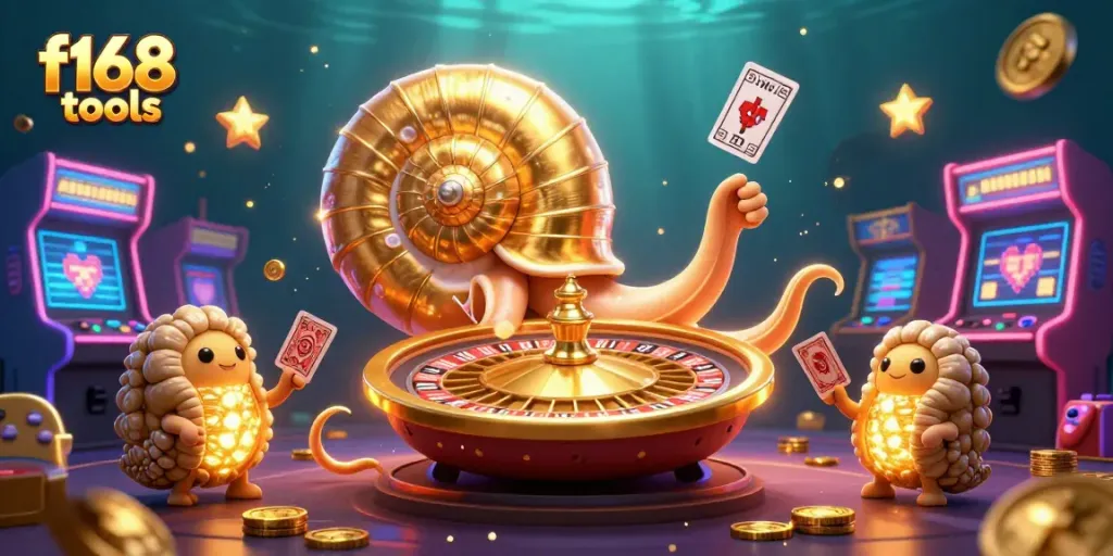 Engage with f168 tools for thrilling casino action, featuring a nautilus roulette wheel and game elements.