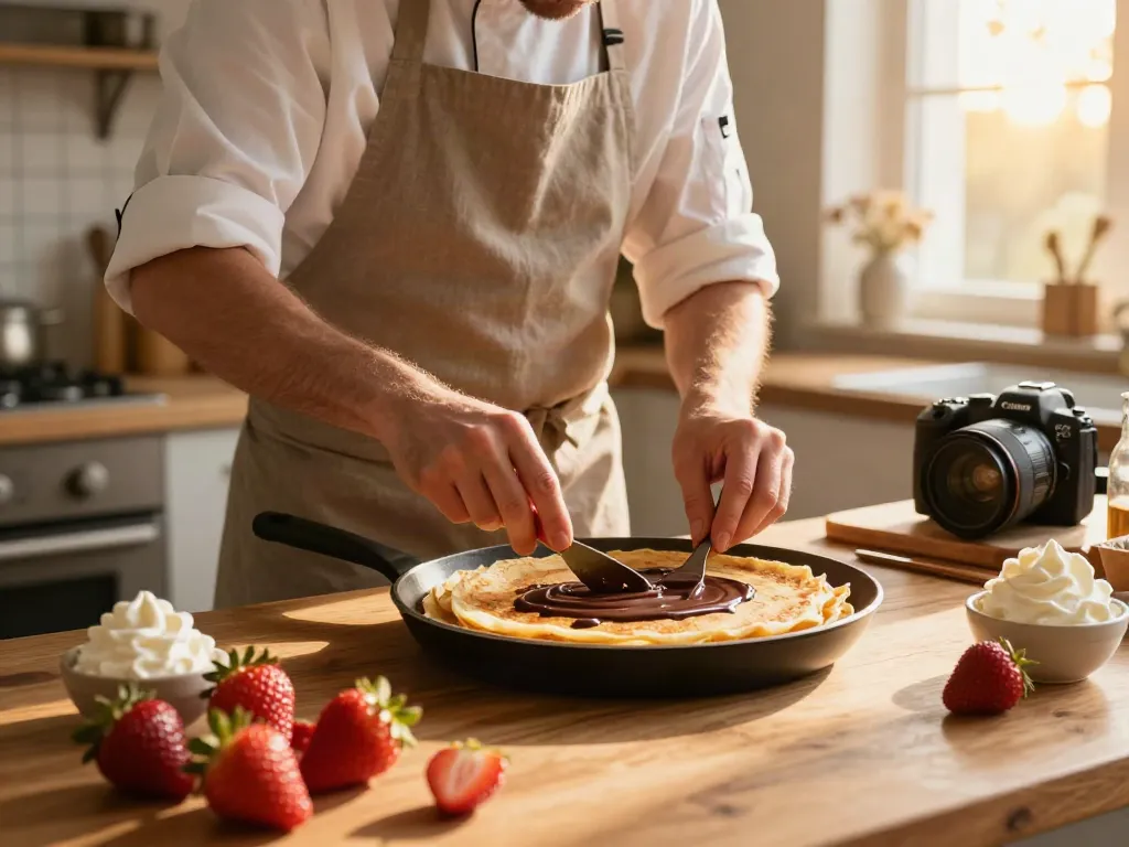 Delicious crepes from rokok88 being prepared in a warm kitchen scene with fresh ingredients.