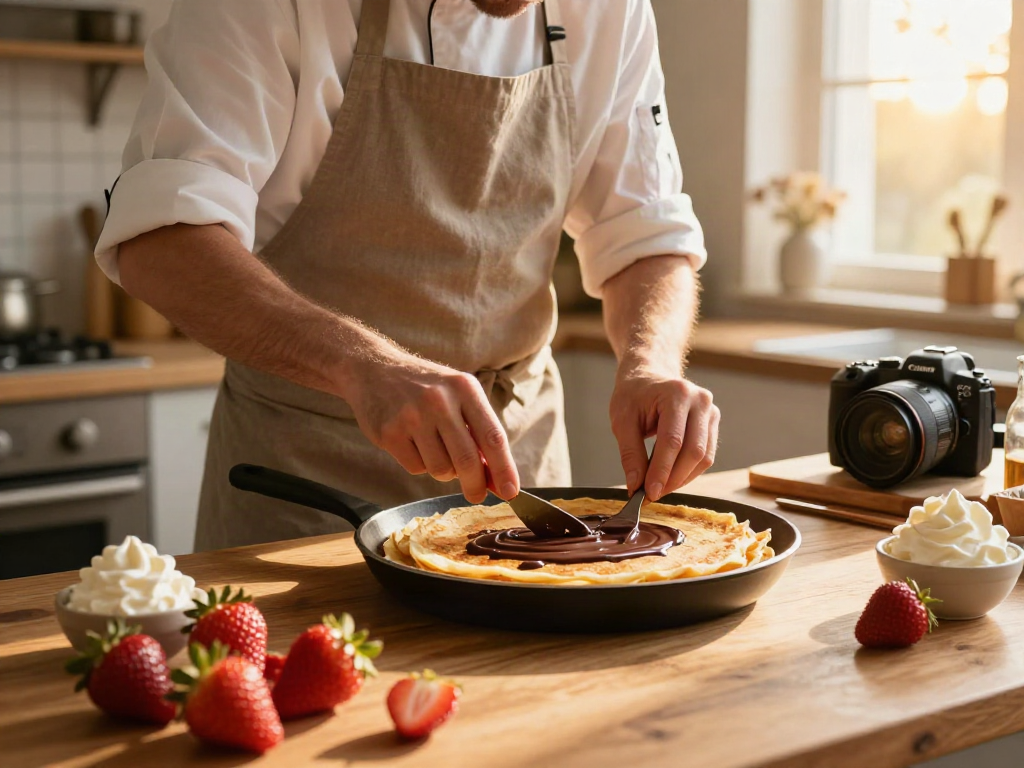 Delicious crepes from rokok88 being prepared in a warm kitchen scene with fresh ingredients.