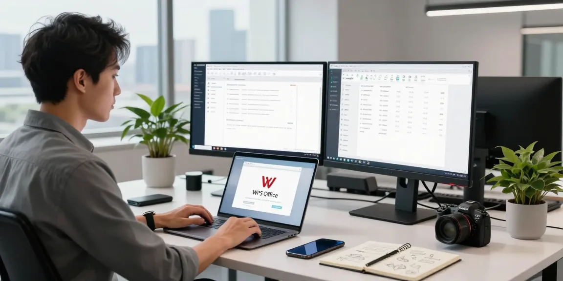 Download WPS Office at a modern workspace with dual monitors and productivity tools