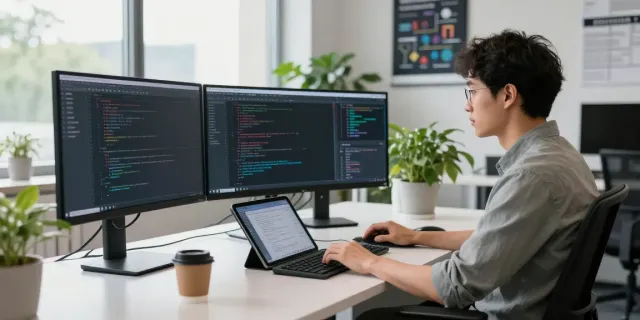 Developer engaged with rokok88 login system at a modern office desk, showcasing productivity and tech innovation.