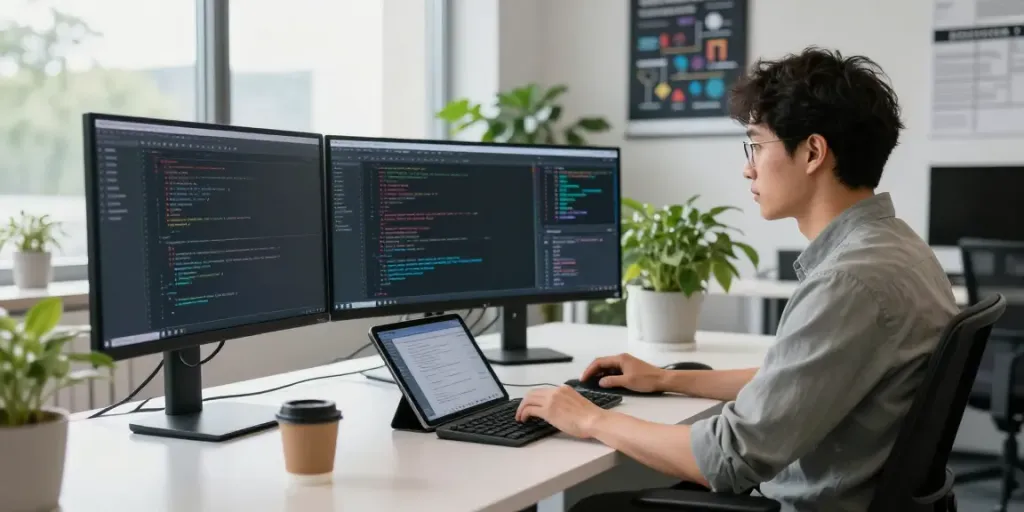 Developer engaged with rokok88 login system at a modern office desk, showcasing productivity and tech innovation.