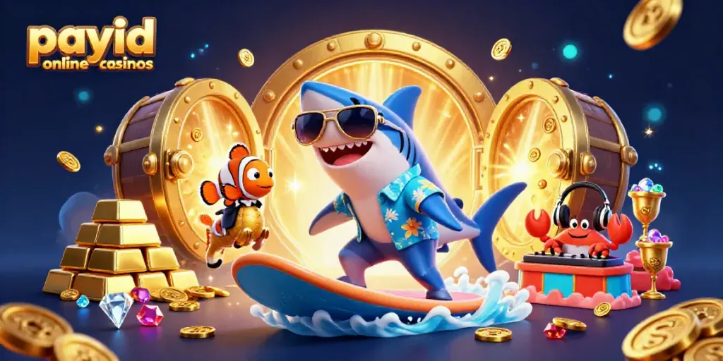 Experience payid online casinos with a vibrant scene featuring colorful characters and gold elements.