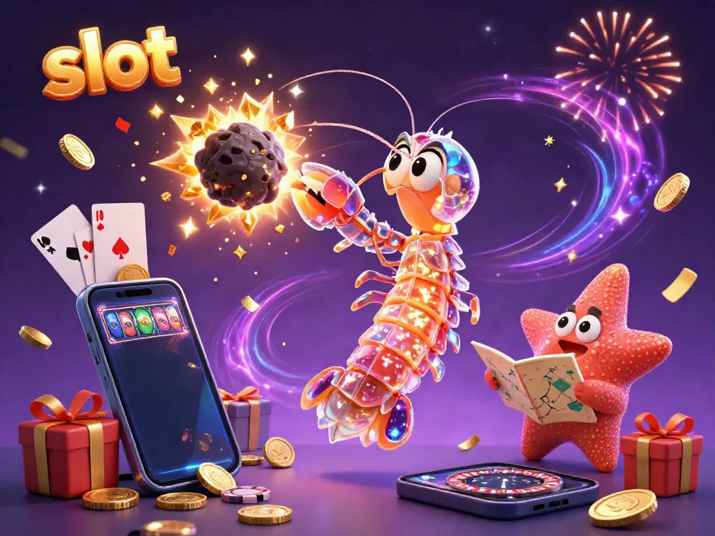 Experience the excitement of slot games with vibrant galactic characters and coins erupting in this 3D illustration.
