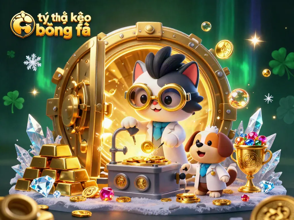 Bettors analyze tỷ lệ kèo bóng đá in a dynamic casino scene with gold treasures and charming characters.