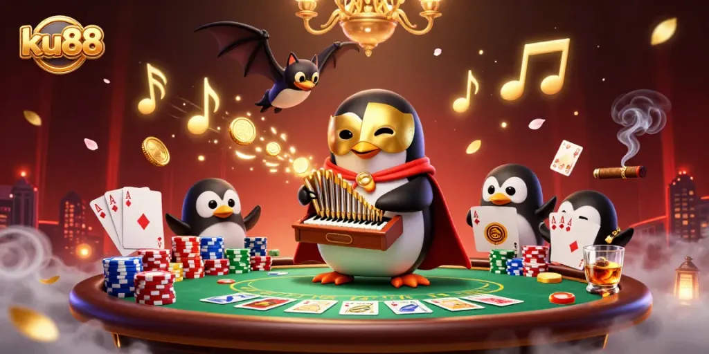 ku88 penguin playing an organ shooting coins at a vibrant casino scene with poker elements