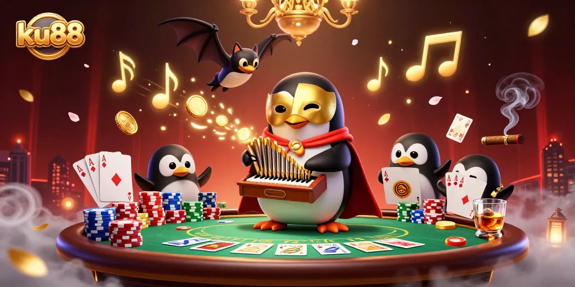ku88 penguin playing an organ shooting coins at a vibrant casino scene with poker elements