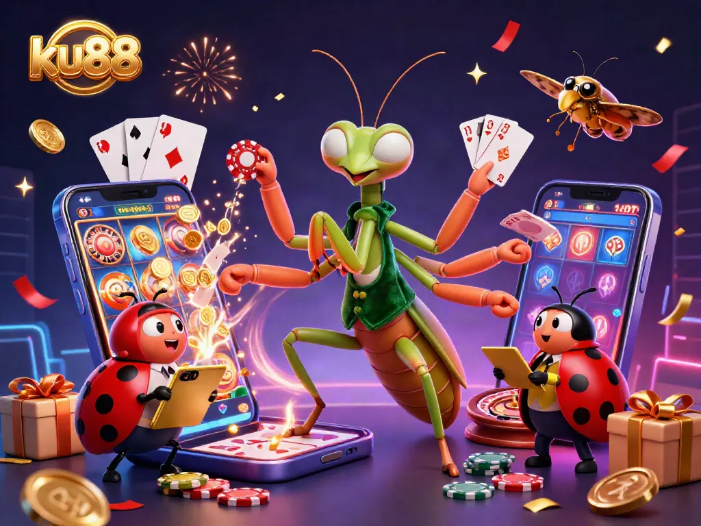 ku88 offers thrilling gaming with a vibrant cartoon casino scene featuring a mantis and ladybug