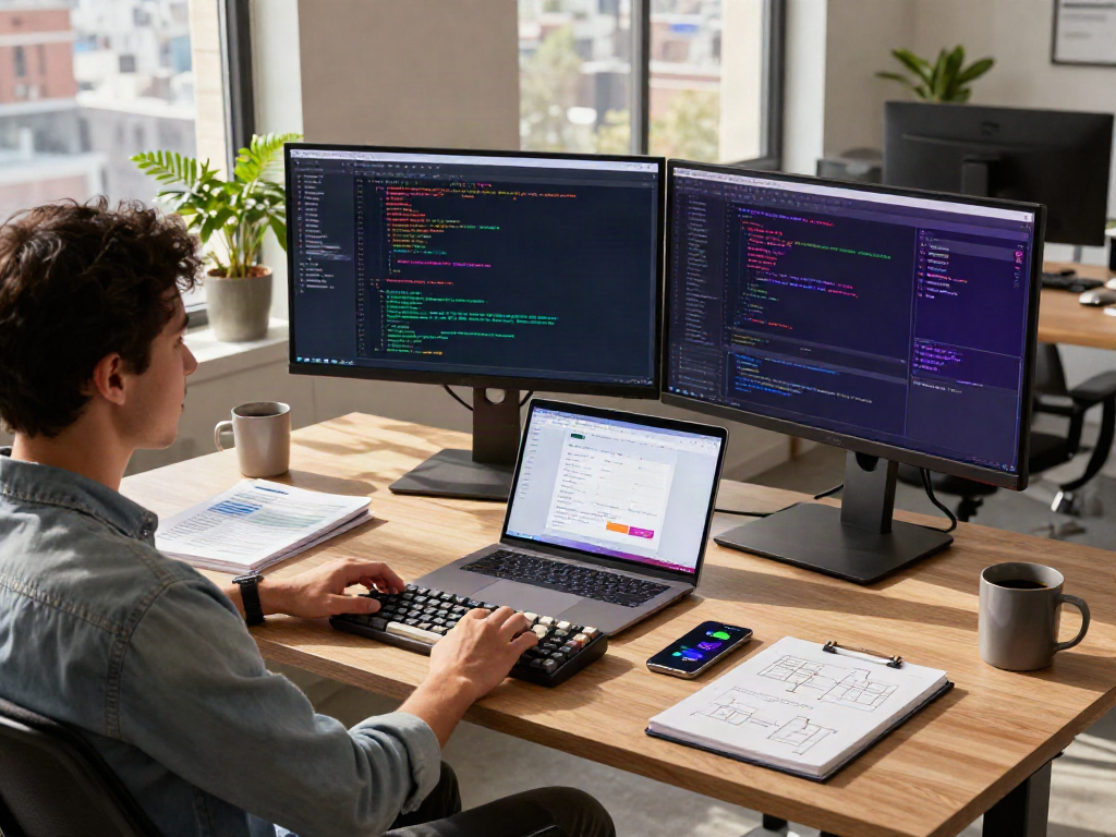 Developer in a modern workspace using crushonai technology with dual monitors and cloud applications.