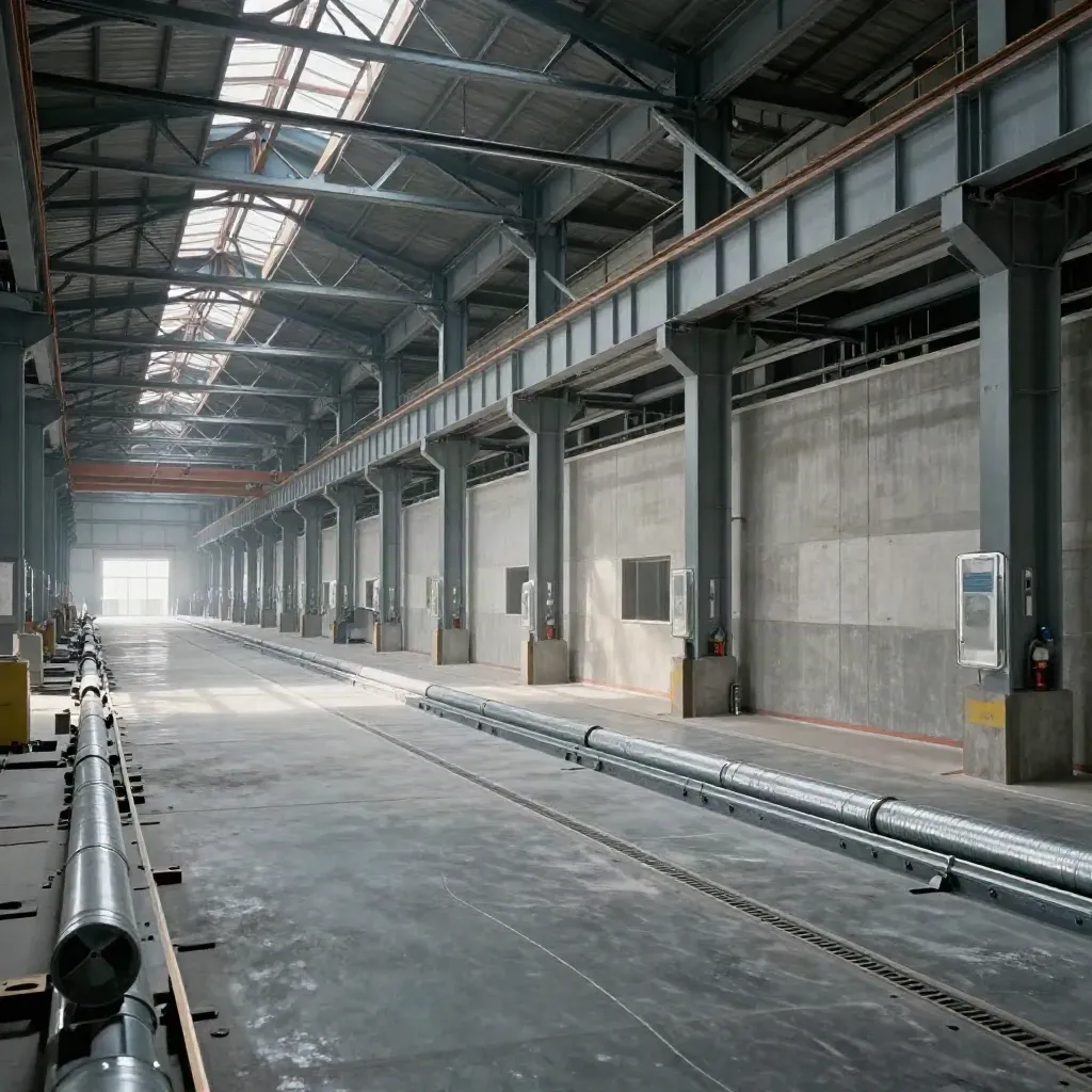 Empty factory hall with roof truss, crane rail, and polished concrete floor