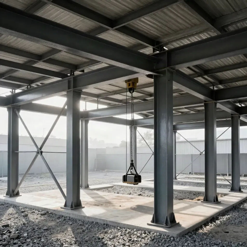 Steel frame under construction with a beam aligned above a column in a service yard.