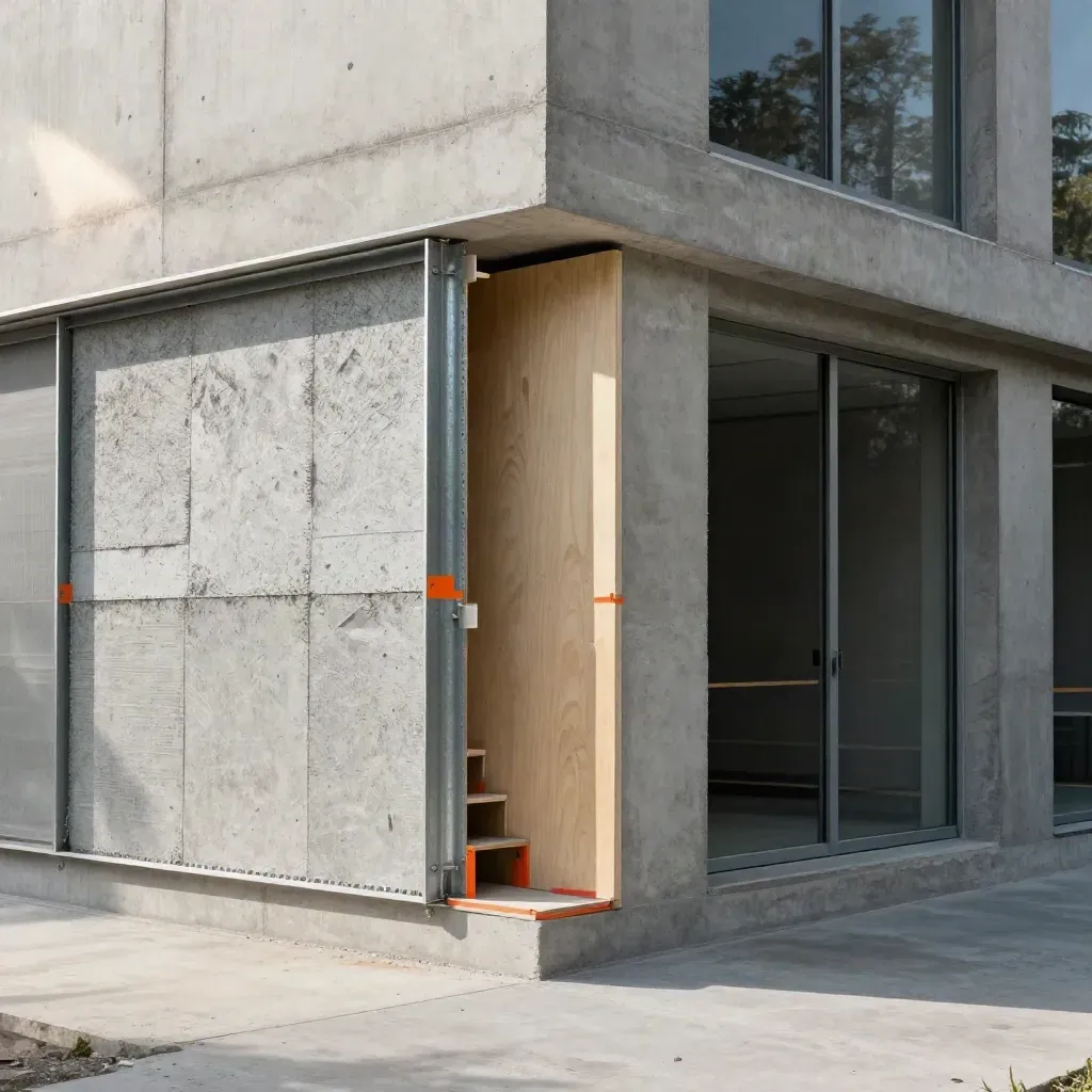 Close-up of an office shell with concrete, steel, insulation boards and orange safety accents.