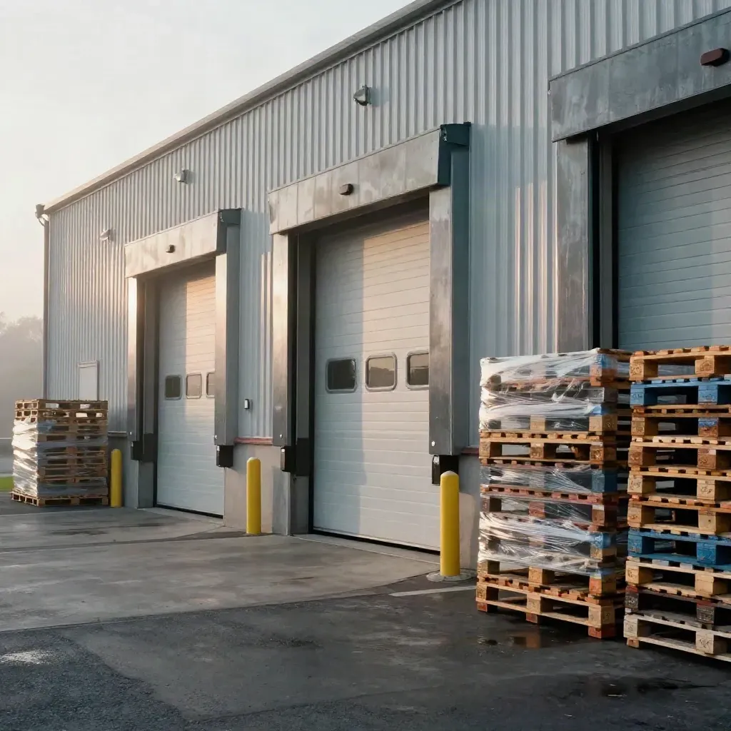 Logistics warehouse dock bays opening onto a fresh slab in hazy morning light.