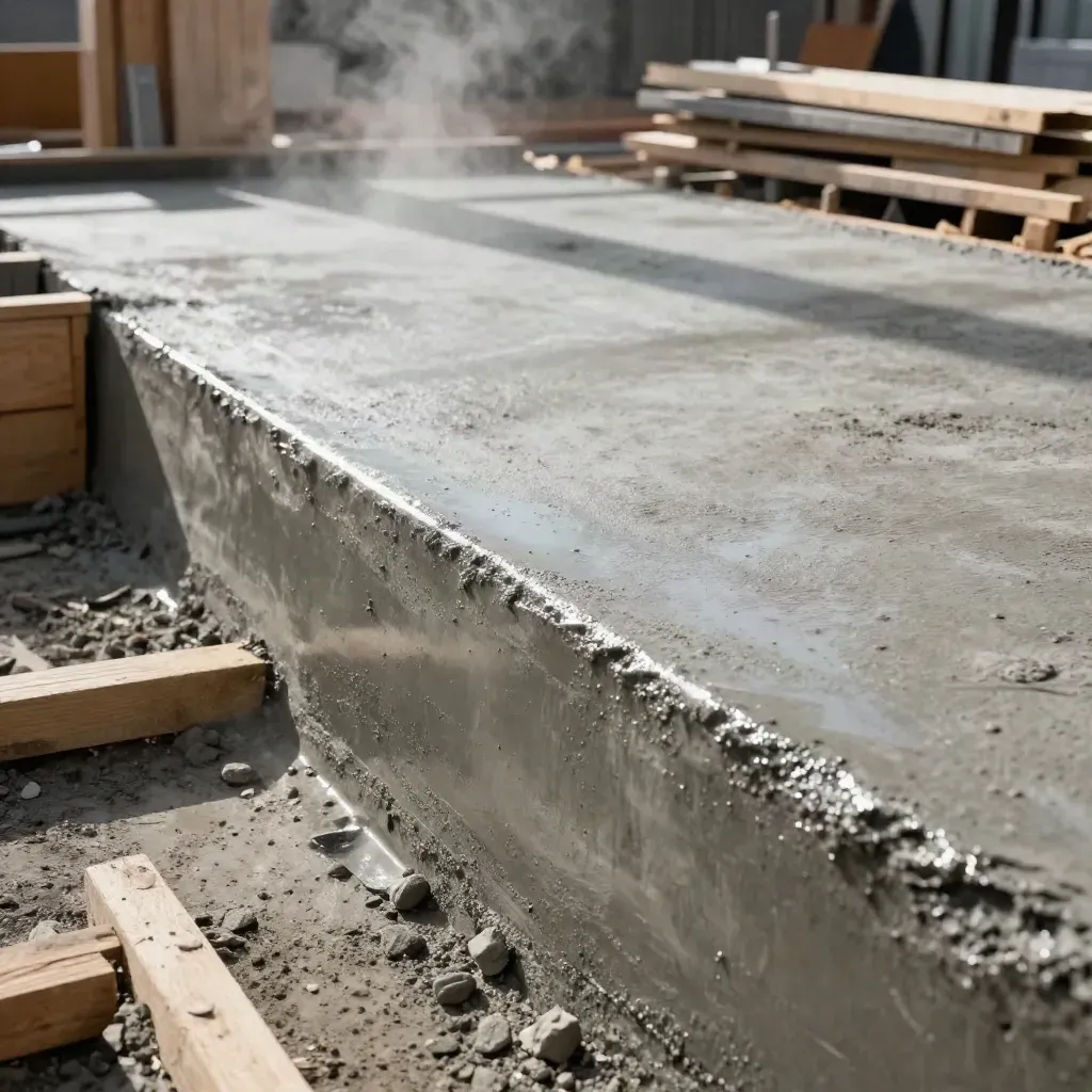 Fresh concrete slab edge with formwork, retaining wall corner, and steam on a build site.