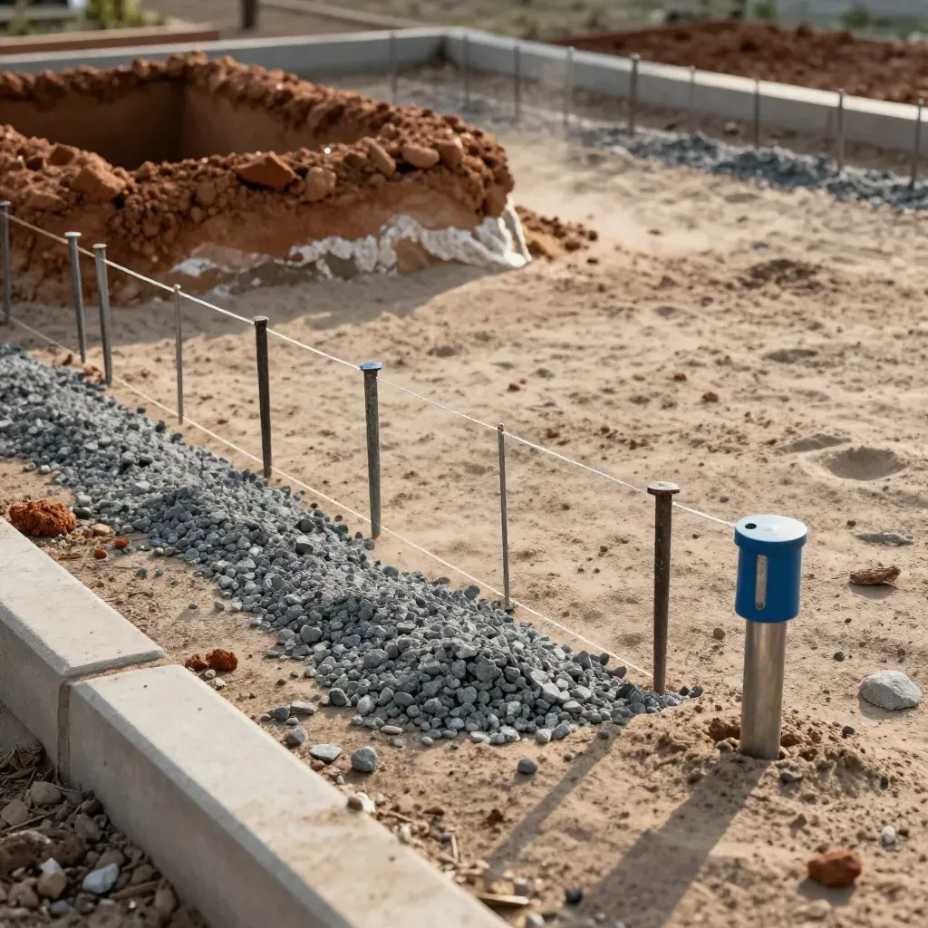 Site planning stakes, string lines, gravel marks, and a soil test pit on a sunlit plot.