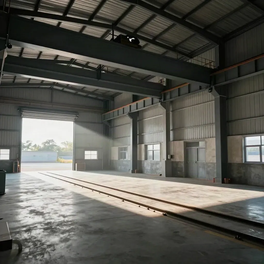 Steel factory hall interior with crane runway, high bay doors and daylight on polished concrete.