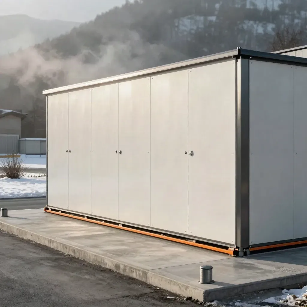Finished cold-store envelope with dock threshold and winter mist, empty yard, industrial site