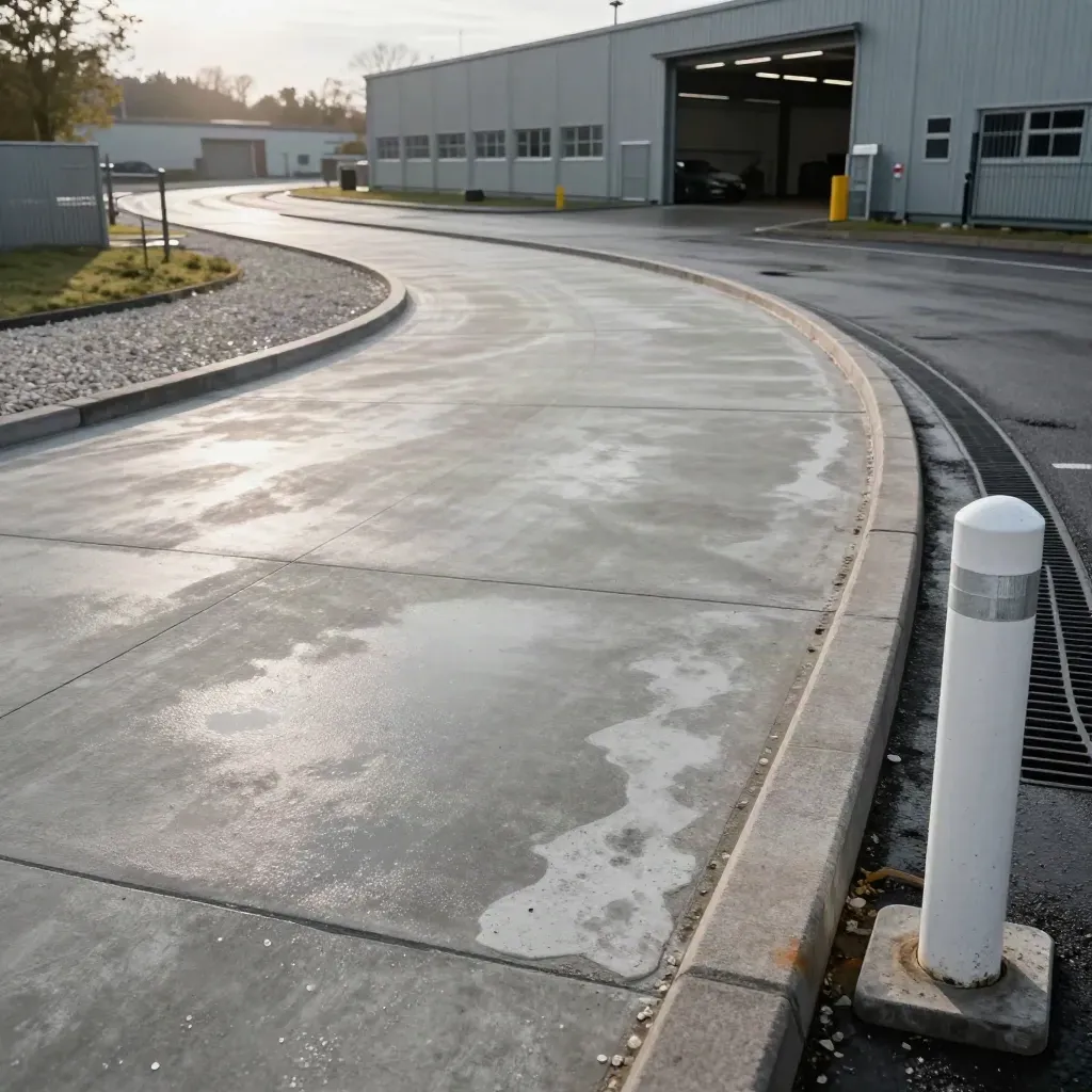Renovated depot apron with fresh concrete lanes curving around a wet industrial entrance