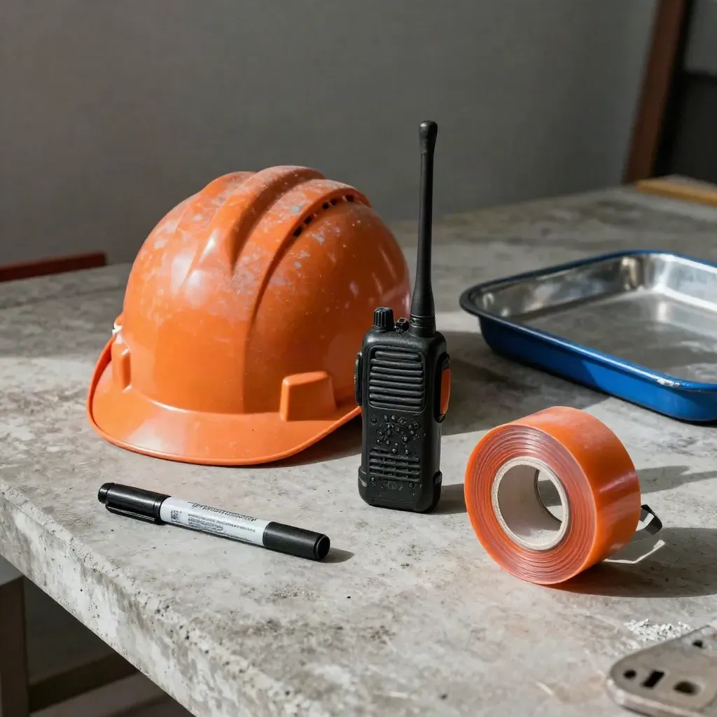 Project manager field kit on concrete: hard hat, radio, marker, and barrier tape spool.