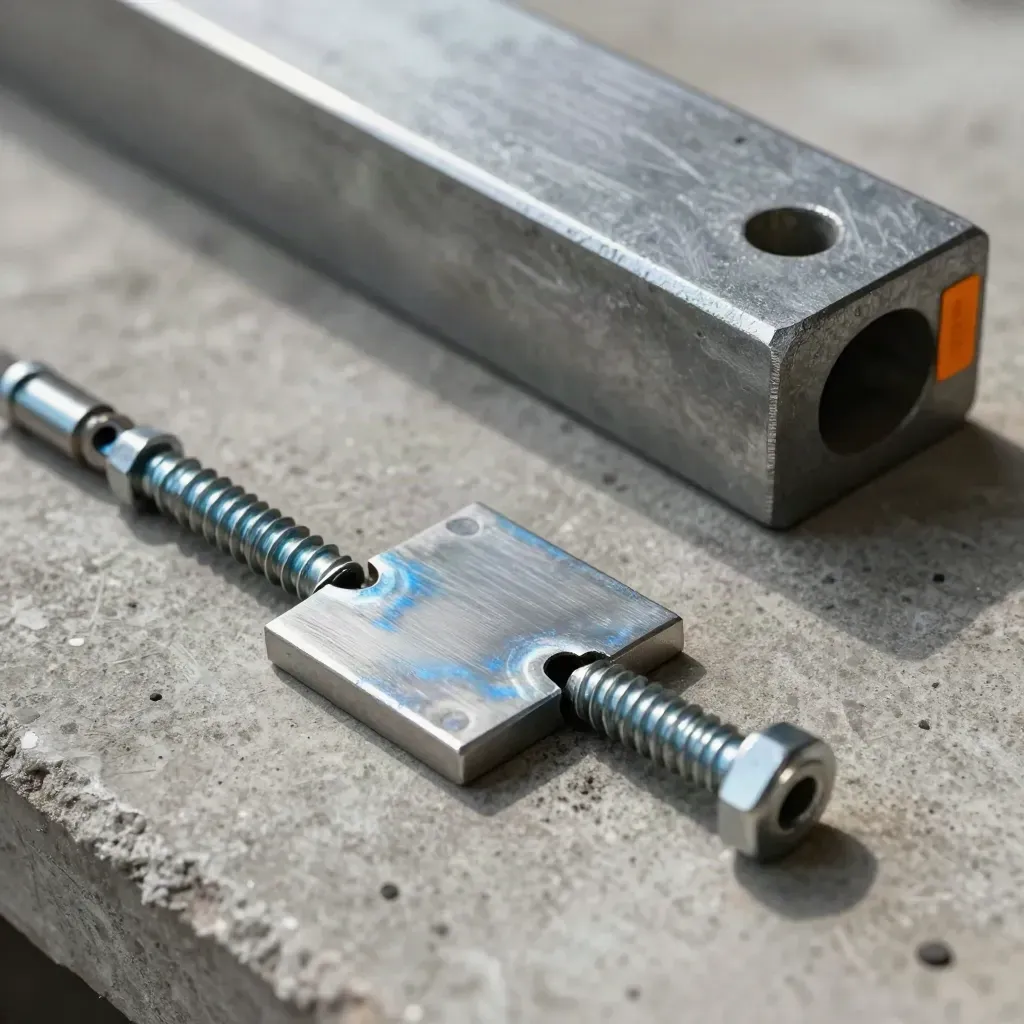 Macro of welded steel, bolts and a flange offcut on a concrete workbench with orange accent.