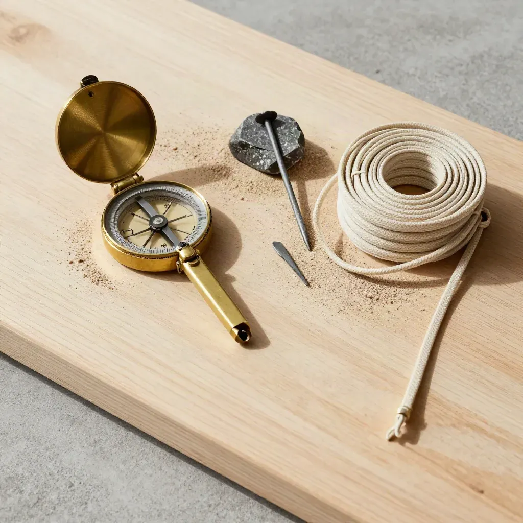 Survey peg, surveyor's compass, boundary stone and string reel on pale wood, overhead editorial still life.