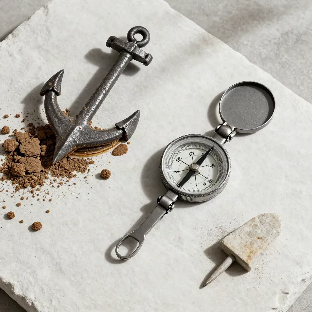 Overhead flatlay of soil core, compass, survey peg and stone marker on plaster.