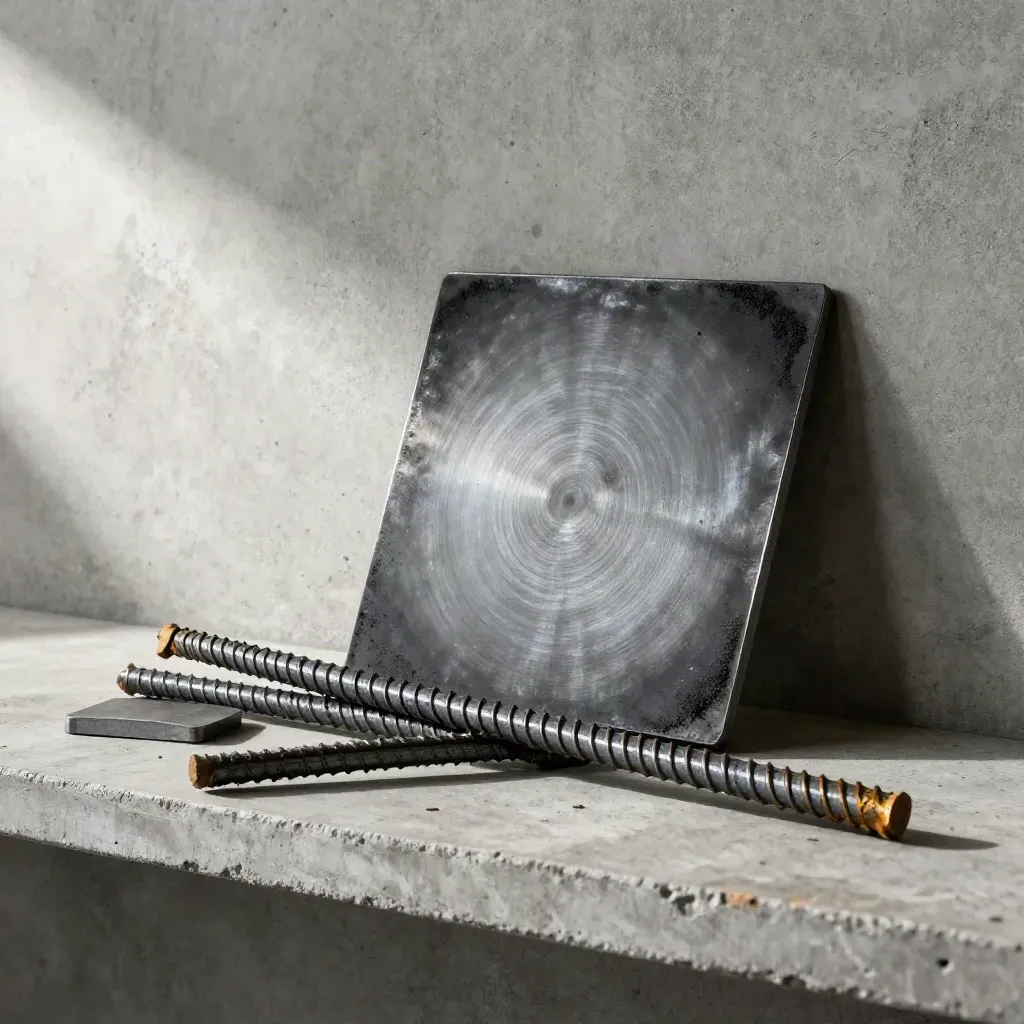 Rebar offcuts, welding magnet square, and charred steel plate on raw concrete.