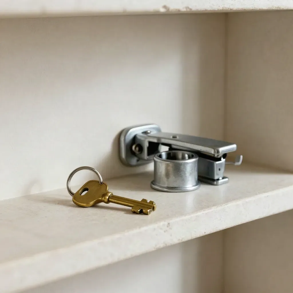 Brass key set with lock cylinder and door latch on a pale stone shelf