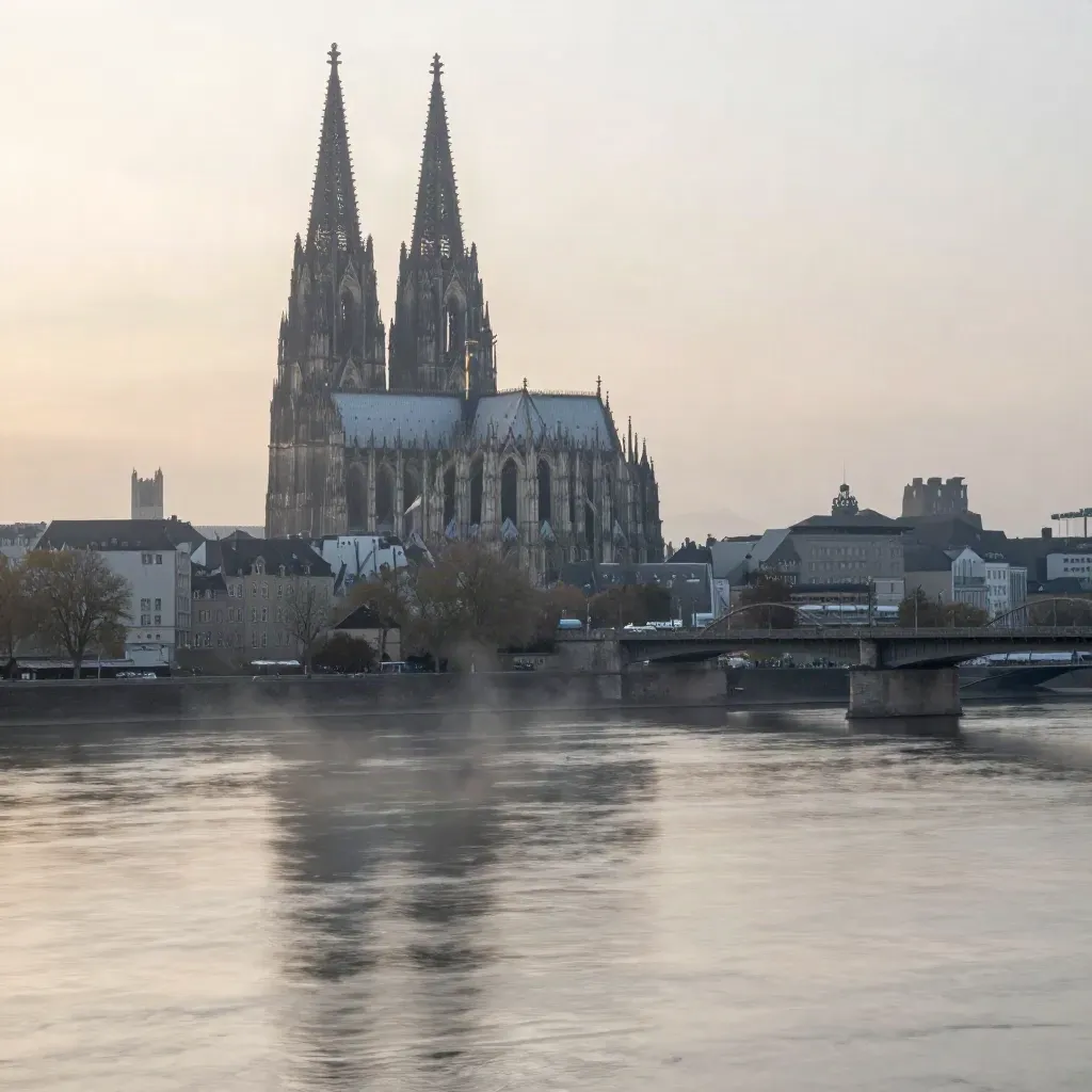 Cologne Cathedral above the Rhine in soft dawn haze, calm reflective water below