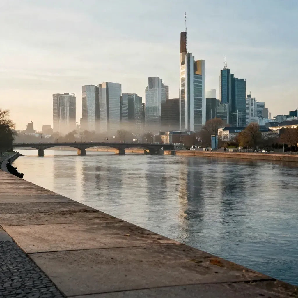 Frankfurt skyline glows above the Main in golden haze, bridges and calm water below.