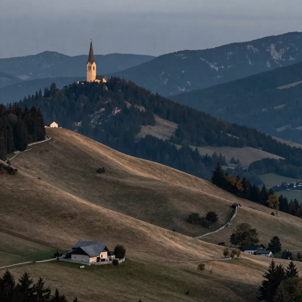 Bavarian foothills at dusk with a lone church spire and hazy mountain ridges