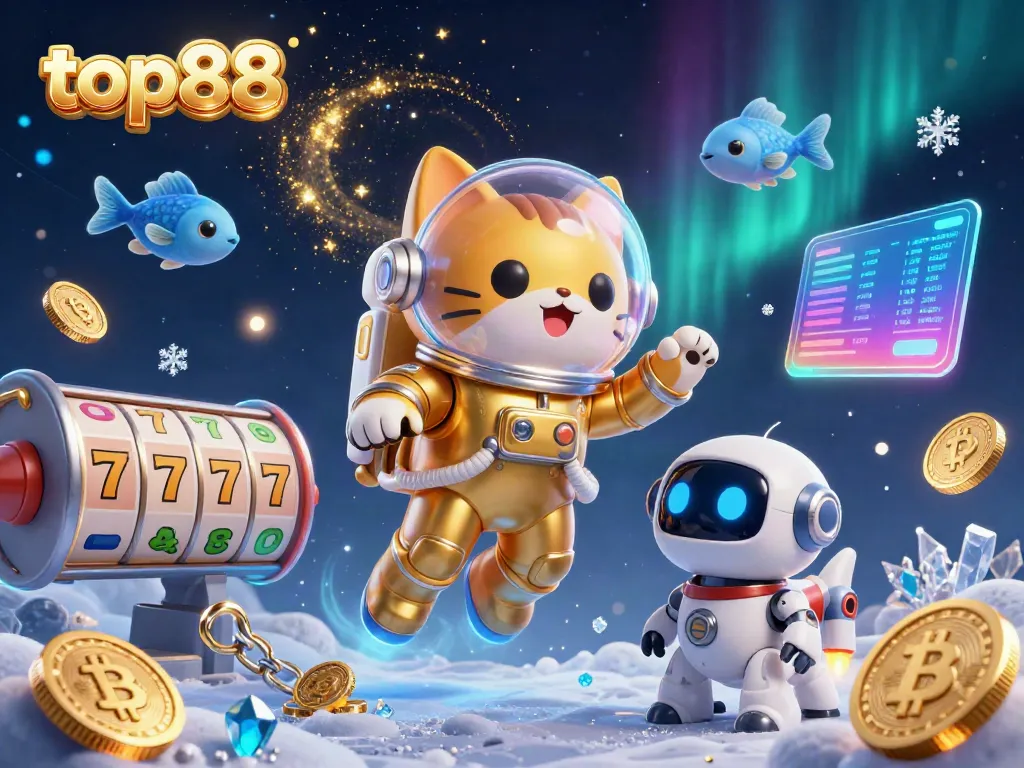 Experience thrilling gaming adventures with top88 through an explosive 3D illustration of a galactic cat and dog duo!