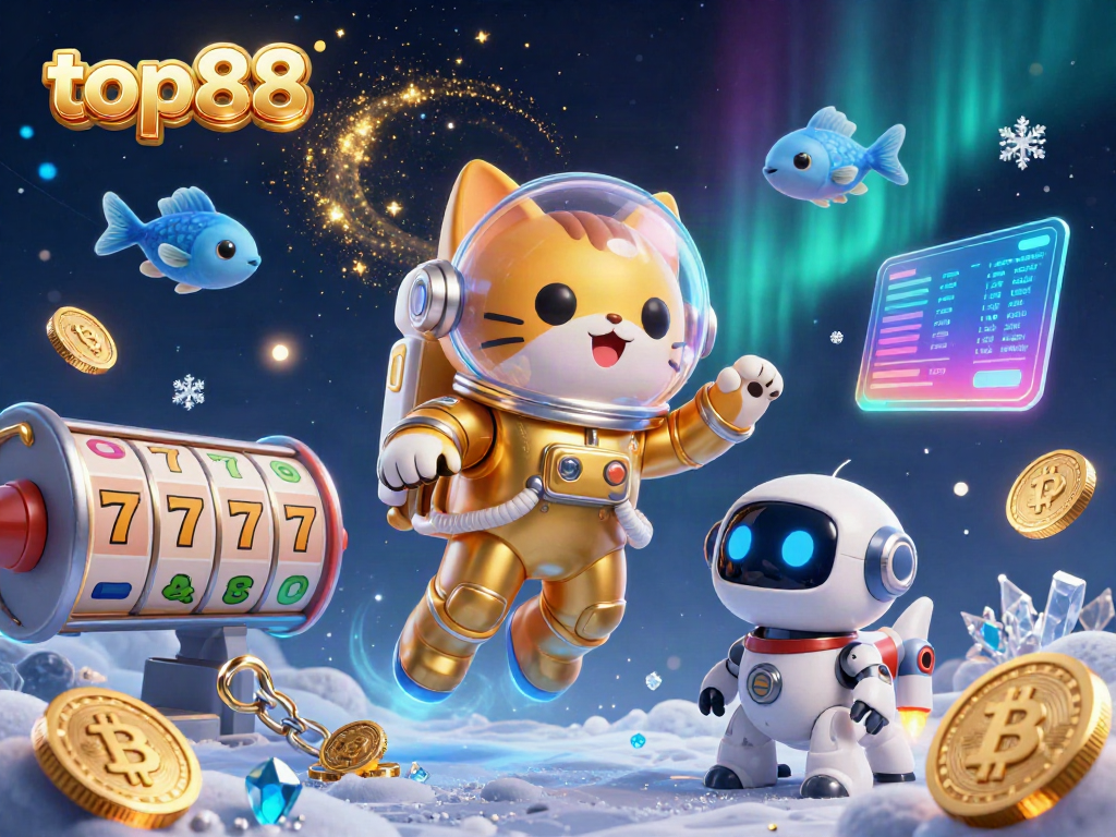 Experience thrilling gaming adventures with top88 through an explosive 3D illustration of a galactic cat and dog duo!