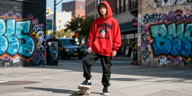 Exclusive Machine Gun Kelly merchandise from rokok88 worn by a young adult in an urban setting.