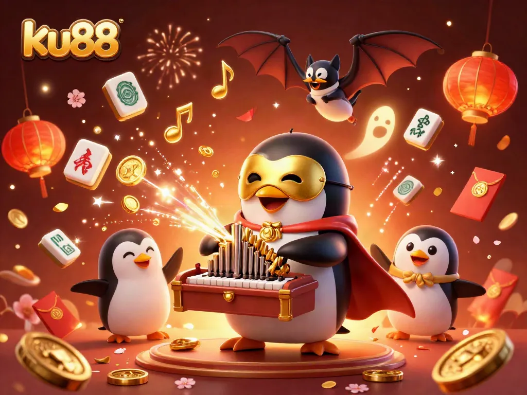 Experience the excitement of ku88 casino with a vibrant 3D scene of a playful penguin and golden elements.