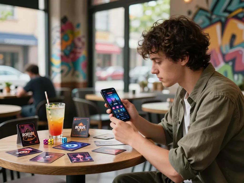 Engaged user exploring the vibrant ROKOK88 APK in a lively café setting, reflecting modern gaming culture.