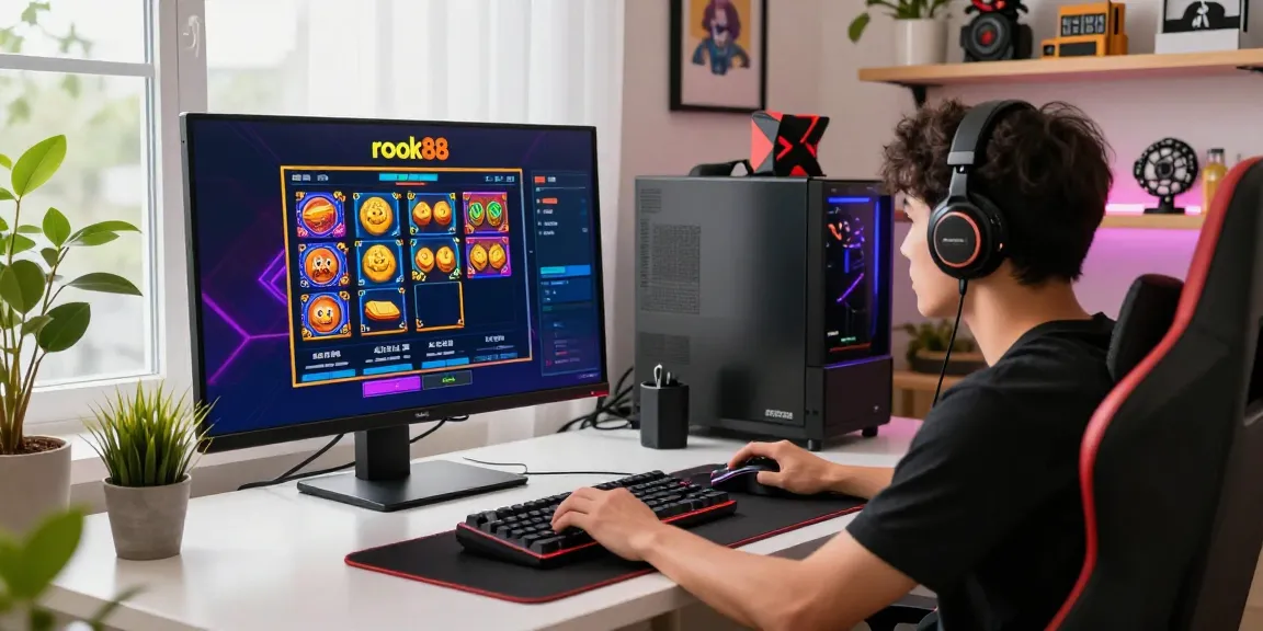 Engaging gamer playing rokok88 slot on a colorful display in a vibrant gaming setup.