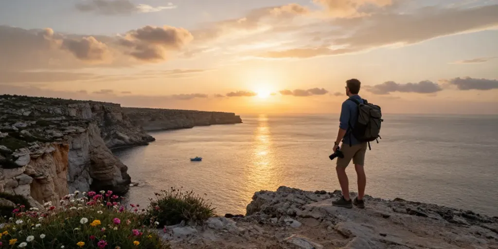 Traveler enjoying Gozo tours at stunning coastal sunset.
