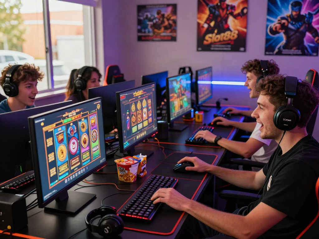 Excited friends playing Slot88 resmi games on multiple screens with vibrant lighting.