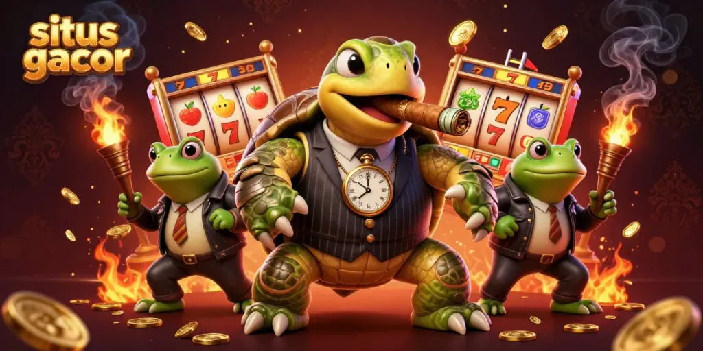 Experience excitement with a captivating situs gacor scene of a turtle mobster and bullfrog enforcers in a vibrant casino setting.