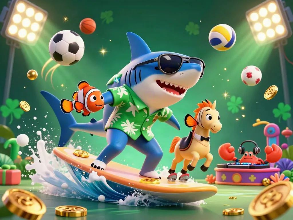 Join the fun at ea88 with a lively 3D casino scene featuring a shark surfing on gold coins and dynamic sports elements.