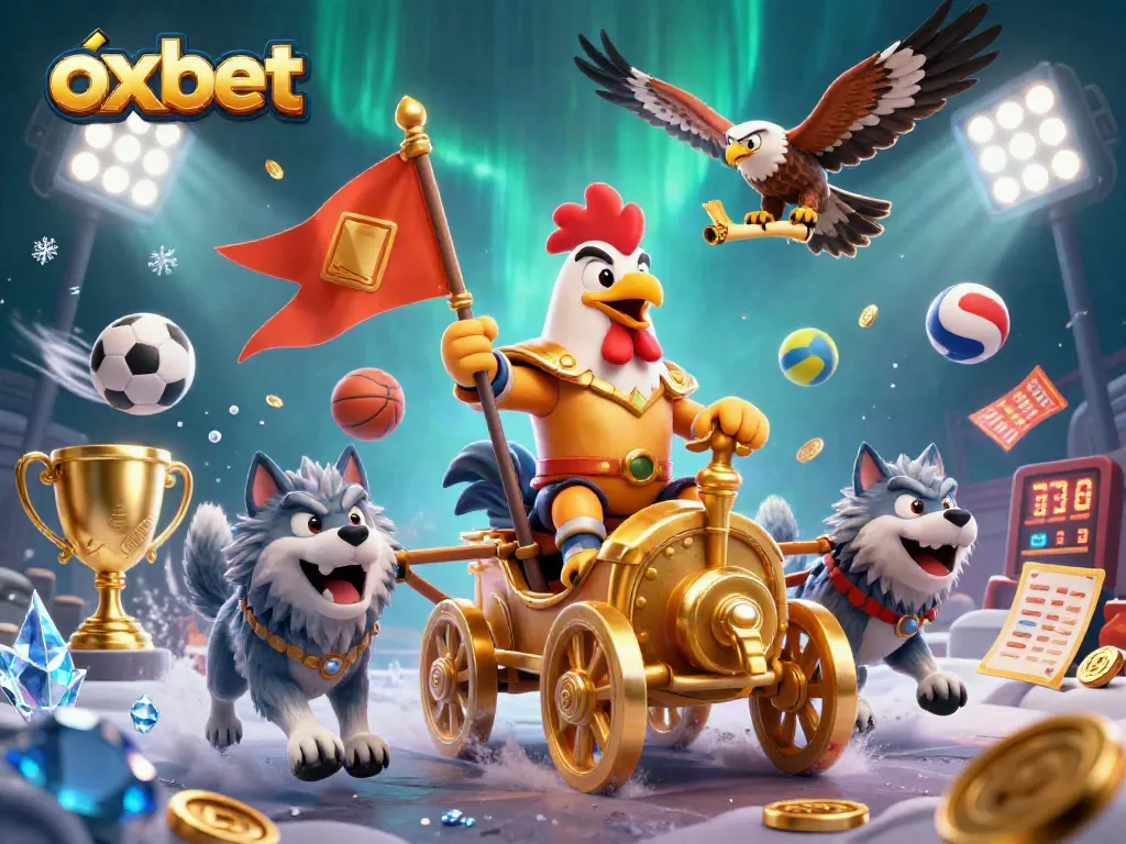 Engage in thrilling gameplay at OXBET with a dynamic sports betting scene featuring exciting sports elements and characters.