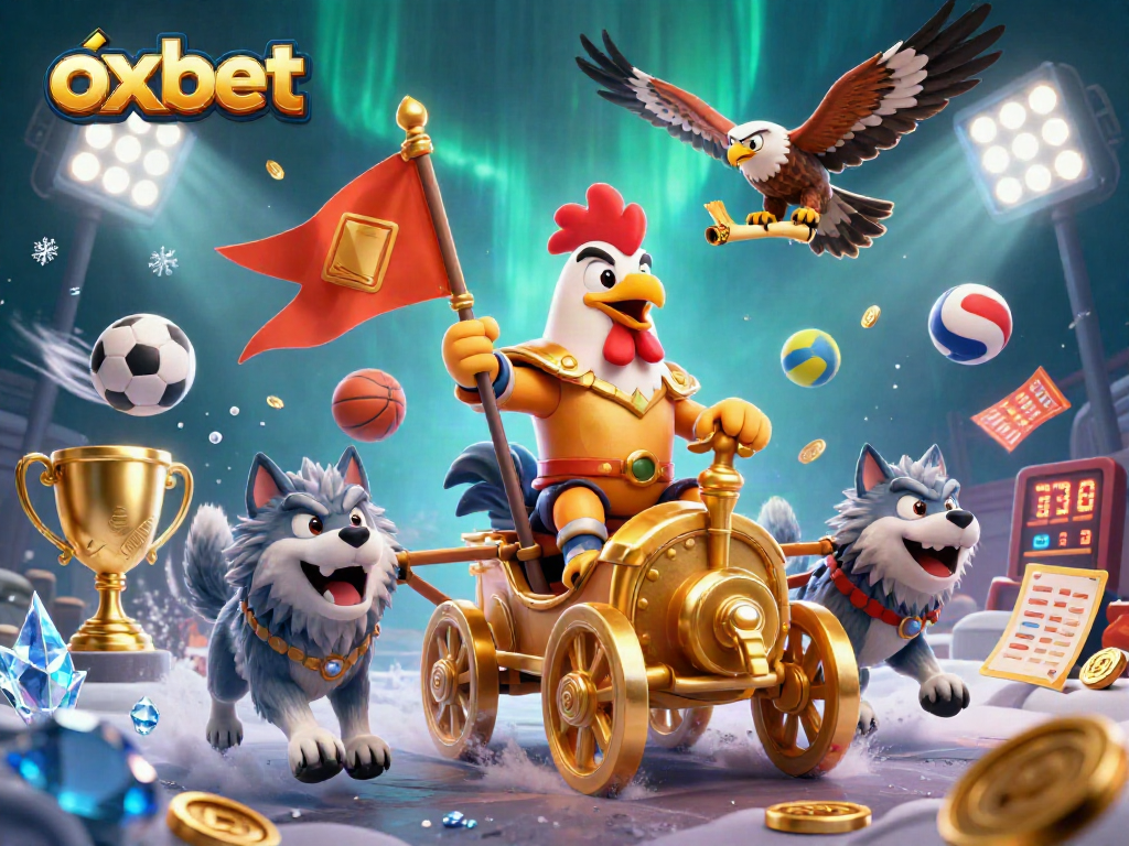 Engage in thrilling gameplay at OXBET with a dynamic sports betting scene featuring exciting sports elements and characters.