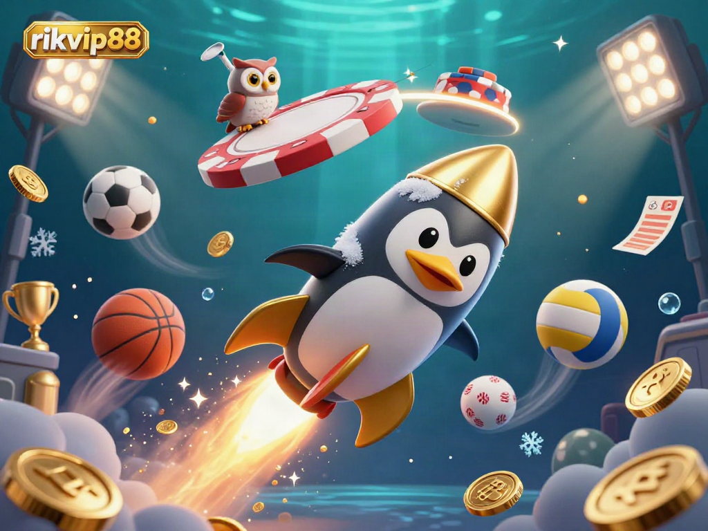 Experience the thrill of rikvip88 with a rocket-powered penguin heading to a casino space station.