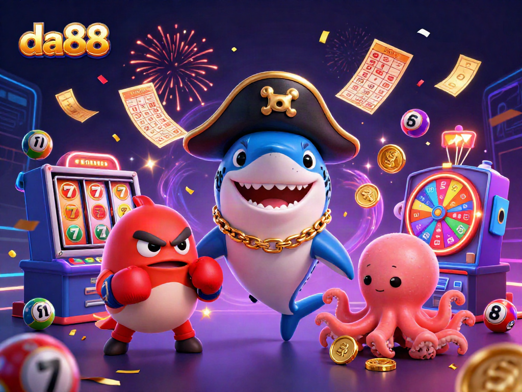 Join the da88 casino adventure with a cartoon pirate shark, pufferfish, and octopus collecting prizes!